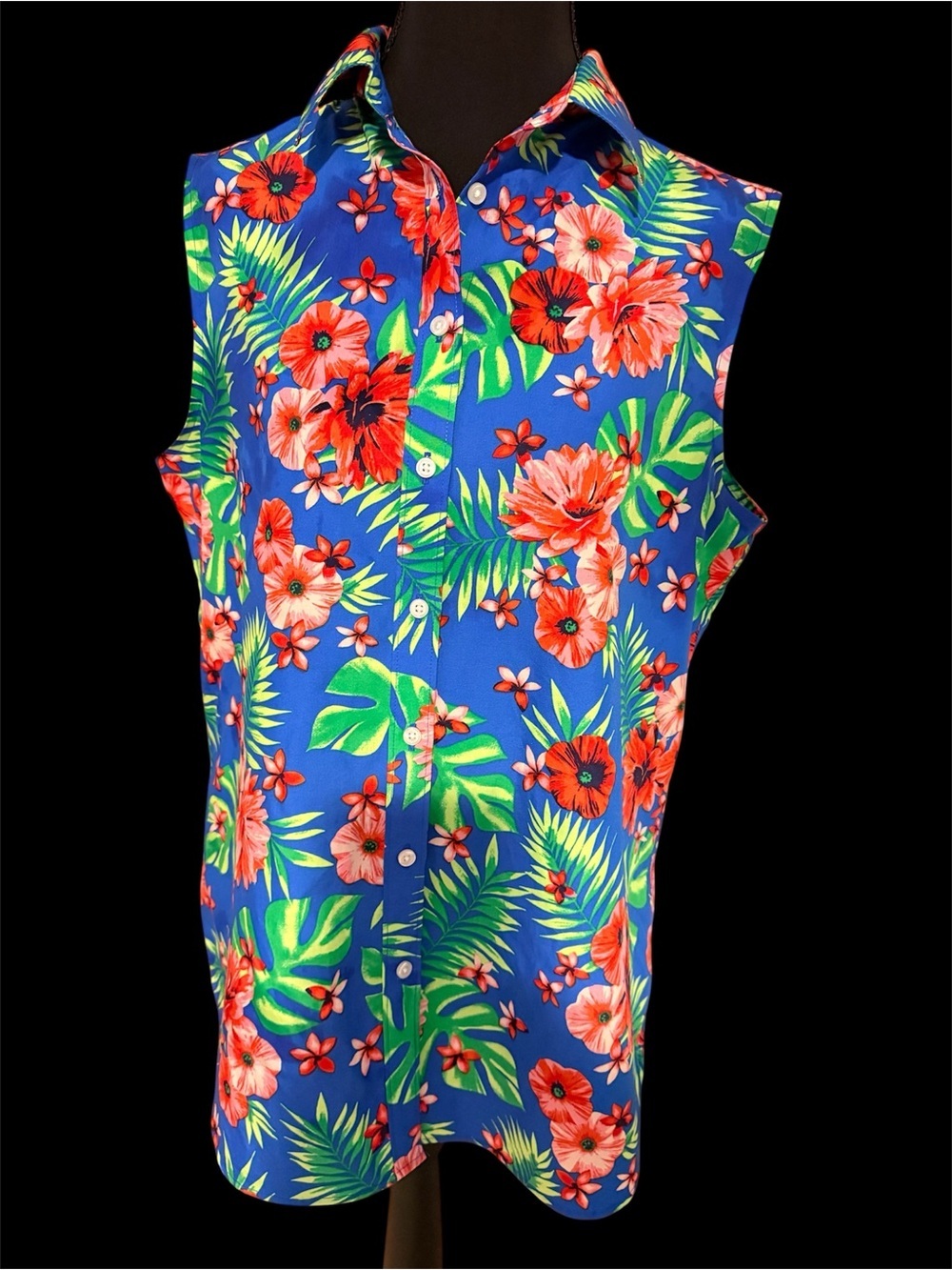 Lands' End Blue Tropical Floral Sleeveless top Hawaiian floral colorful size 12